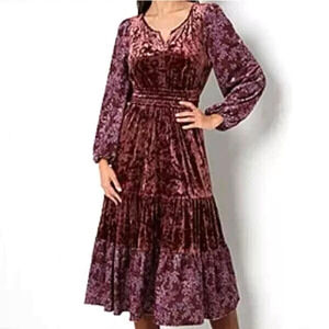 FRYE AND CO Woman's XL Purple Wine Floral Velvet Burnout Tiered Maxi Dress Fairy
